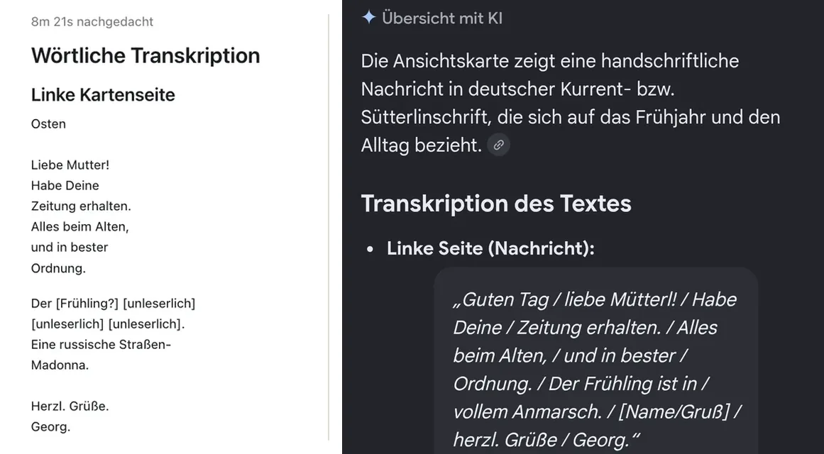 Zwei Antworten zur selben Feldpostkarte: links ChatGPT mit Frühling mit Fragezeichen und mehrfach unleserlich, rechts die KI-Übersicht in Google Lens mit dem Satz Der Frühling ist in vollem Anmarsch