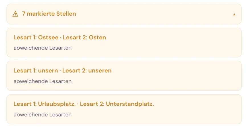 Liste 7 markierte Stellen in Scriptling mit je zwei Lesarten, zum Beispiel Lesart 1: Ostsee, Lesart 2: Osten