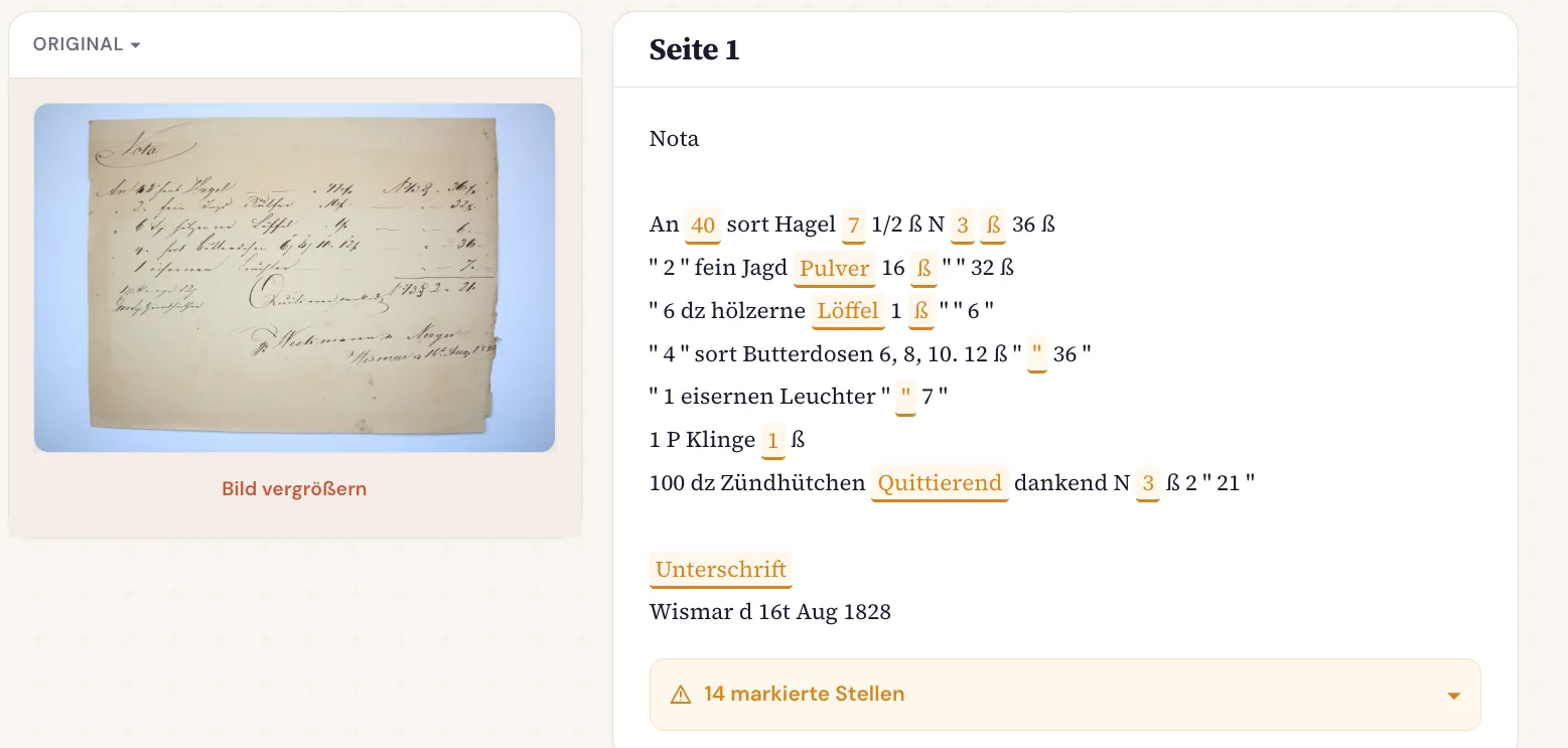 Ergebnis ohne Tabellenmodus: Mengen, Waren und Beträge stehen hintereinander in Textzeilen