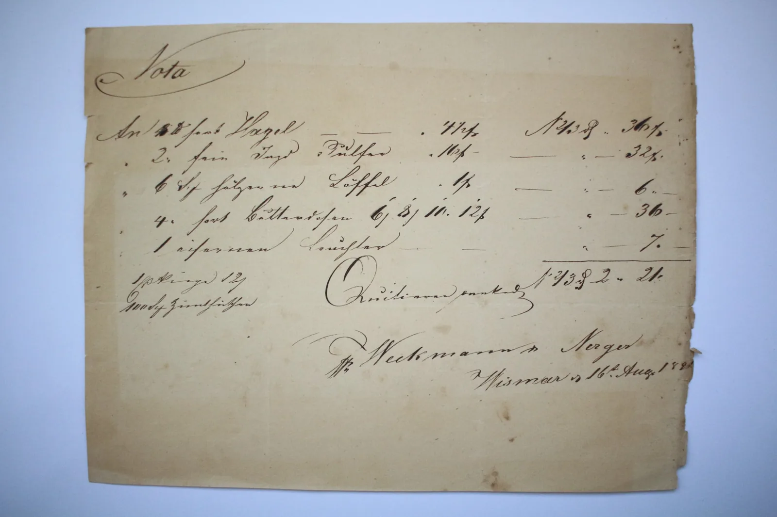 Handschriftliche Rechnung Nota in Kurrent mit sechs Posten und Beträgen