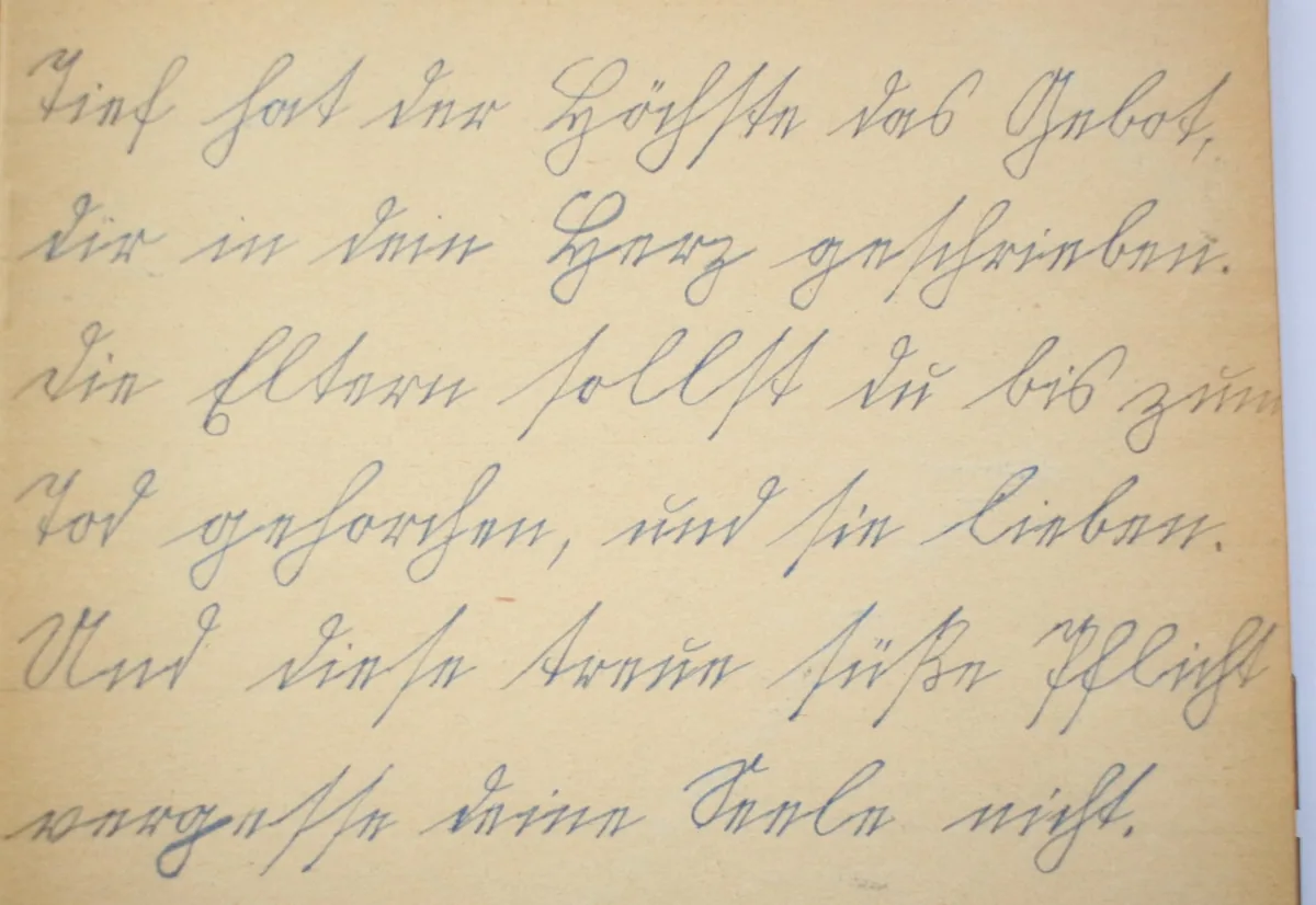 Poesiealbum-Eintrag in Sütterlin: sechs Zeilen Vers auf vergilbtem Papier